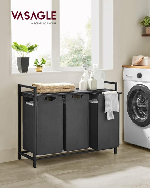 Cos de rufe cu 3 compartimente si sac de depozitare detasabil, 3x38L, negru