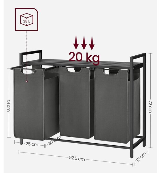 Cos de rufe cu 3 compartimente si sac de depozitare detasabil, 3x38L, negru