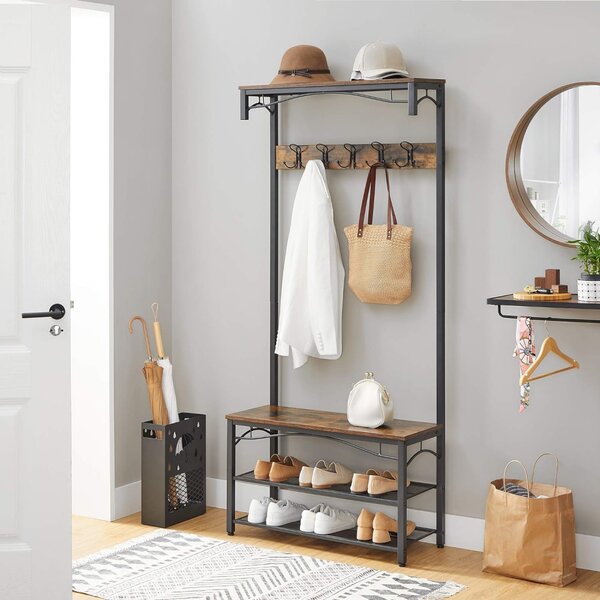 Mobilier hol cu rafturi, umerase,cu suport pentru pantofi și scaun, maro rustic 80x32x178cm