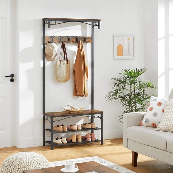 Mobilier hol cu rafturi, umerase,cu suport pentru pantofi și scaun, maro rustic 80x32x178cm