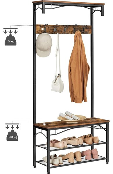 Mobilier hol cu rafturi, umerase,cu suport pentru pantofi și scaun, maro rustic 80x32x178cm