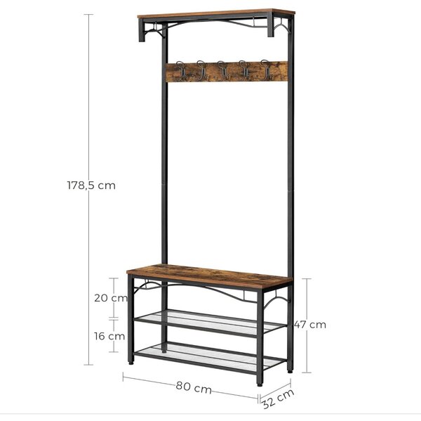Mobilier hol cu rafturi, umerase,cu suport pentru pantofi și scaun, maro rustic 80x32x178cm
