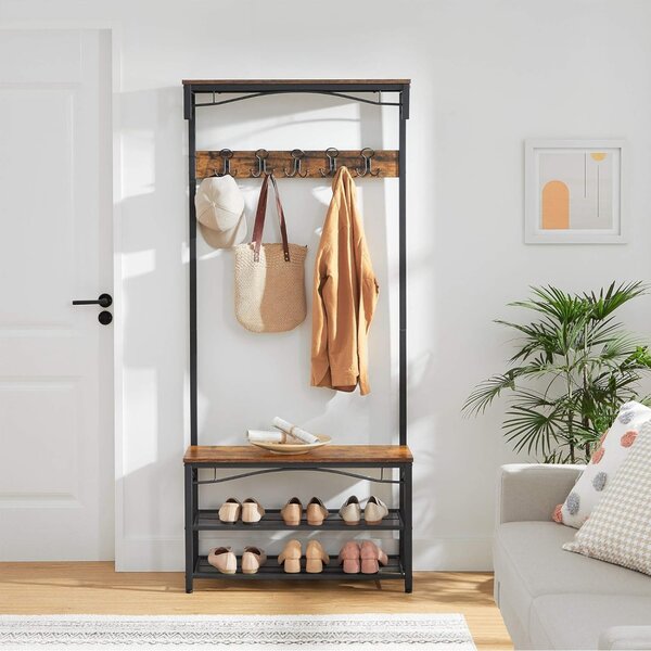 Mobilier hol cu rafturi, umerase,cu suport pentru pantofi și scaun, maro rustic 80x32x178cm