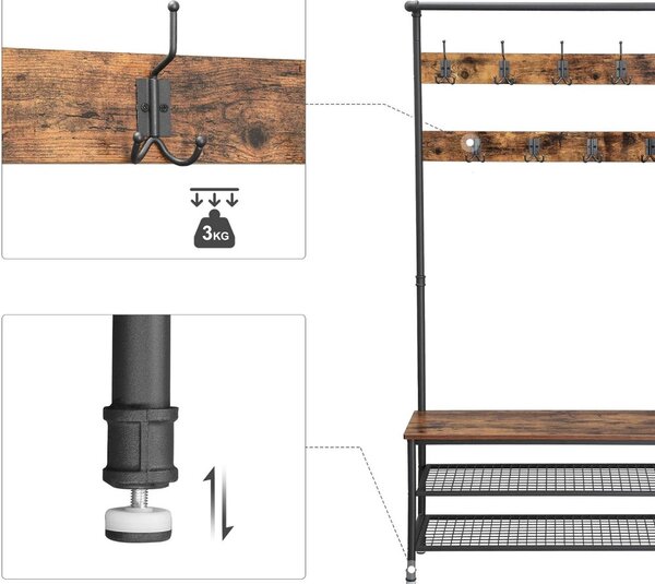 Mobilier hol cu rafturi, umerase,cu suport pentru pantofi și scaun, maro rustic 97x41x182cm