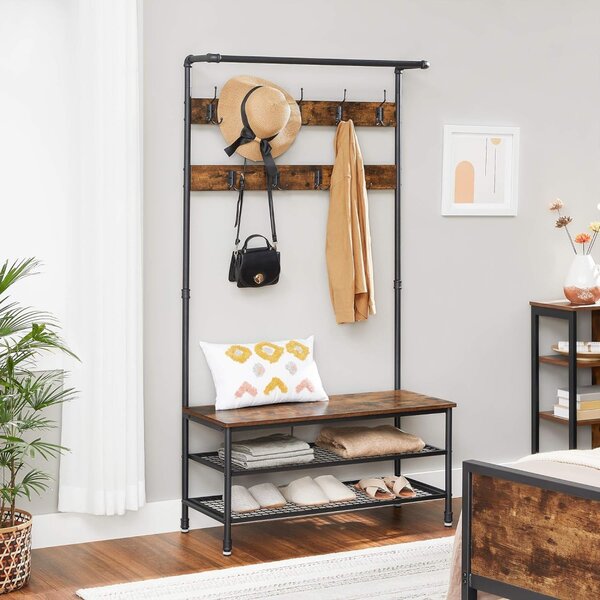 Mobilier hol cu rafturi, umerase,cu suport pentru pantofi și scaun, maro rustic 97x41x182cm