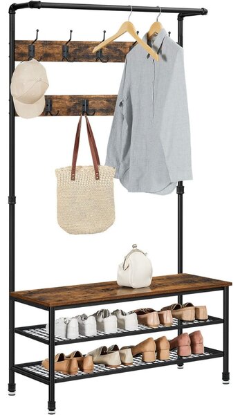 Mobilier hol cu rafturi, umerase,cu suport pentru pantofi și scaun, maro rustic 97x41x182cm