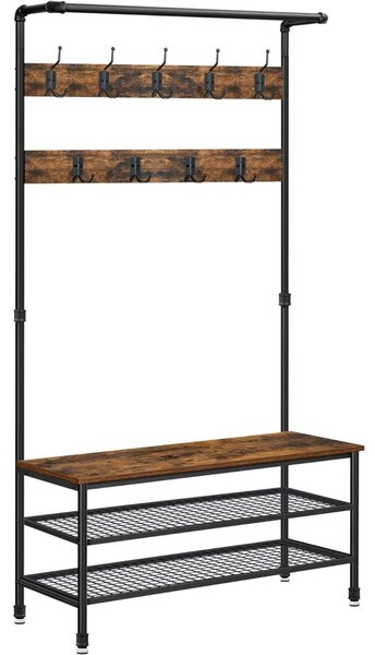 Mobilier hol cu rafturi, umerase,cu suport pentru pantofi și scaun, maro rustic 97x41x182cm