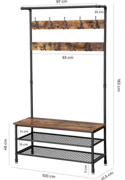 Mobilier hol cu rafturi, umerase,cu suport pentru pantofi și scaun, maro rustic 97x41x182cm