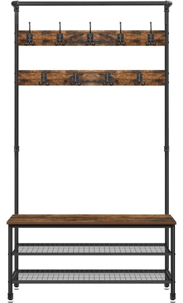 Mobilier hol cu rafturi, umerase,cu suport pentru pantofi și scaun, maro rustic 97x41x182cm
