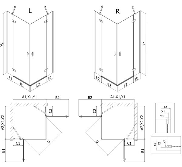Cabină de duș cu balamale Mexen Mist-H Duo, 70 x 70 cm, sticlă transparentă, profil negru, 8A5-070L-070P-70-00