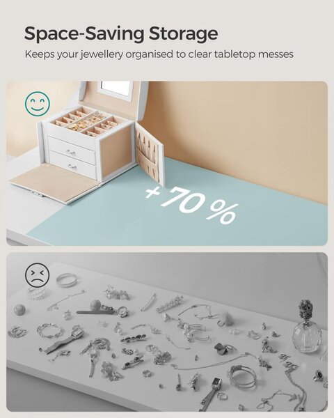 Cutie de bijuterii cu 3 sertare și oglindă, albă 22x16x17cm