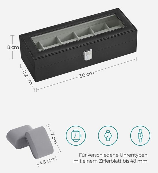 Cutie de ceas din piele artificială cu 6 compartimente, capac din sticlă, negru 30x11x8cm