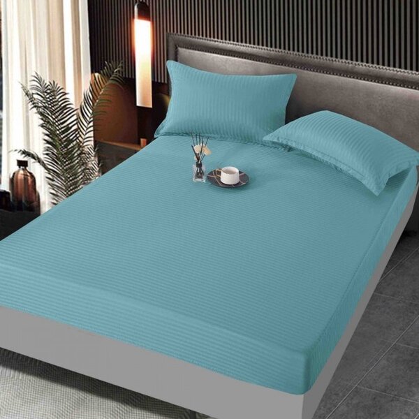 Cearceaf de pat cu elastic si doua fete perna, 180x200 cm, culoare Bleu
