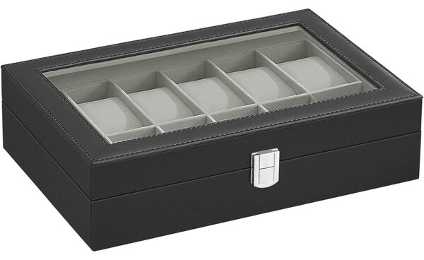 Carcasă din piele ecologică cu 12 compartimente, capac din sticlă, negru 30x20x8cm