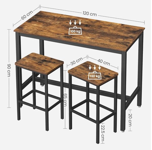 Set masă de bar cu două scaune, maro rustic 120x60x90cm/40x30x65cm