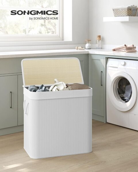Coș de rufe din bambus 3 compartimente 3x50L, alb