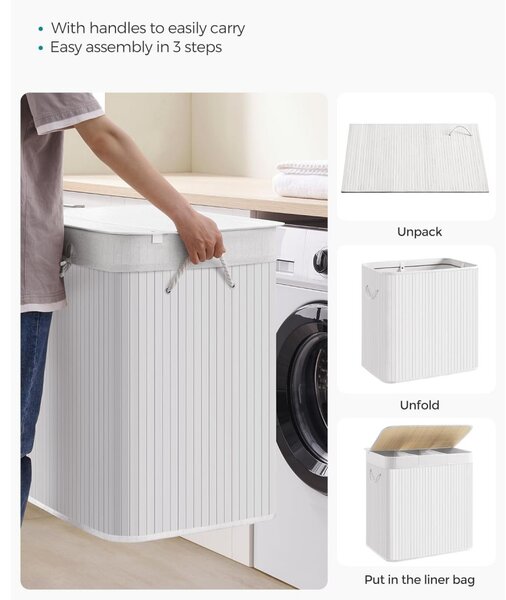 Coș de rufe din bambus 3 compartimente 3x50L, alb