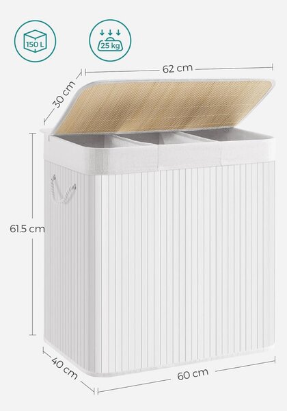 Coș de rufe din bambus 3 compartimente 3x50L, alb