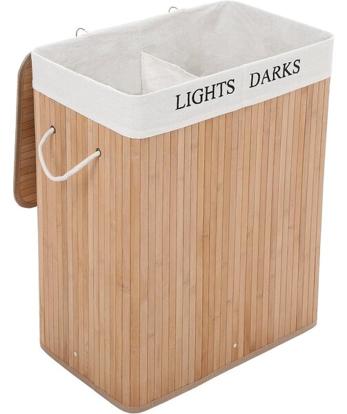 Coș de rufe din bambus cu 2 compartimente 2x36L