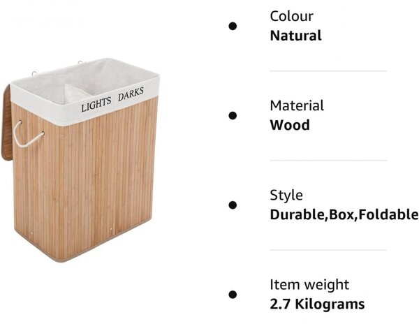 Coș de rufe din bambus cu 2 compartimente 2x36L