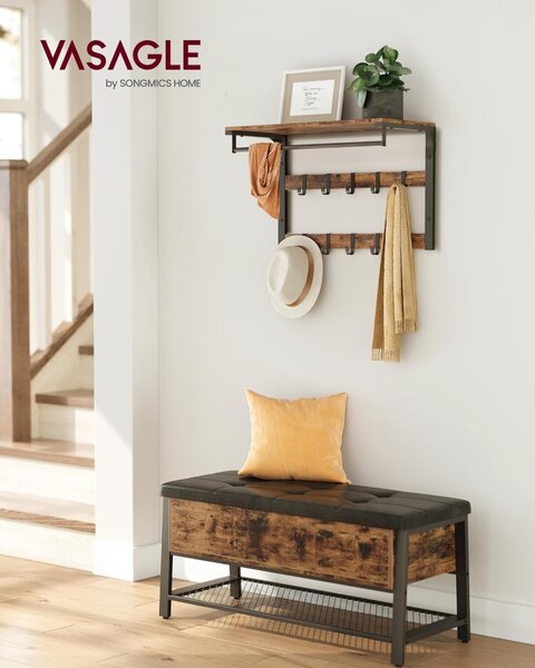Cuier haine cu umerase și raft, maro rustic 65x30x42cm