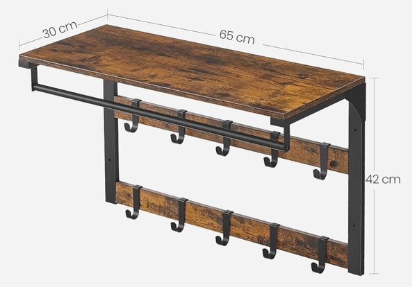 Cuier haine cu umerase și raft, maro rustic 65x30x42cm