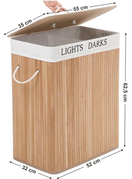 Coș de rufe din bambus cu 2 compartimente 2x36L