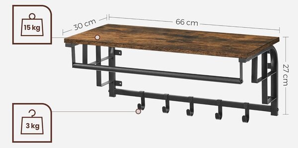 Raft de perete cu cârlige, maro rustic 66x30x27cm
