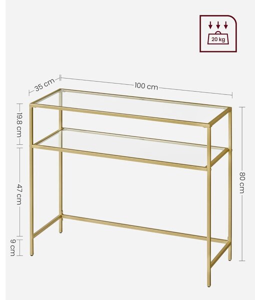 Masă consolă cu raft inferior cu blat din sticlă securizată, auriu 100x35x80cm