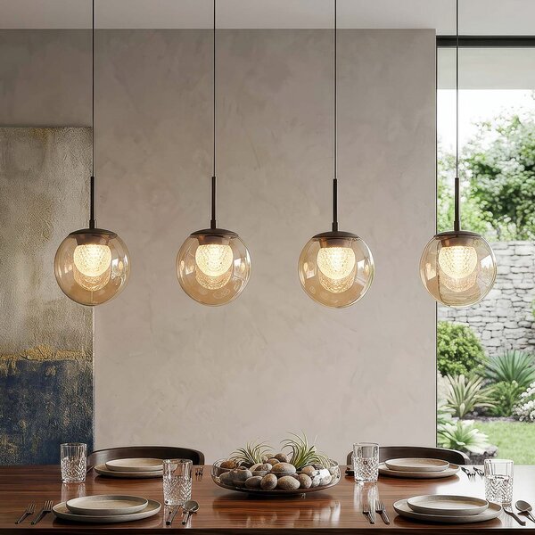 Searchlight Lampă suspendată LED Solis, 4 becuri, model lung, bronz, sticlă, 2.700 K, reglabil, Bronz / Alamă Veche, Camera de zi / sufragerie, Sticlă, glob