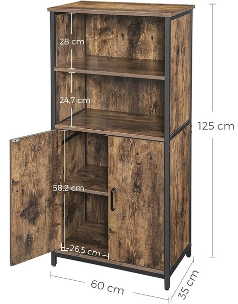 Dulap de depozitare cu doua uși si rafturi deschise, maro rustic 60x35x124cm