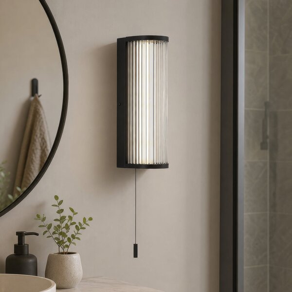 Searchlight Aplică de perete Rue, negru, IP44, metal, sticlă, 3.000 K, reglabil, Negru, Baie, Metal