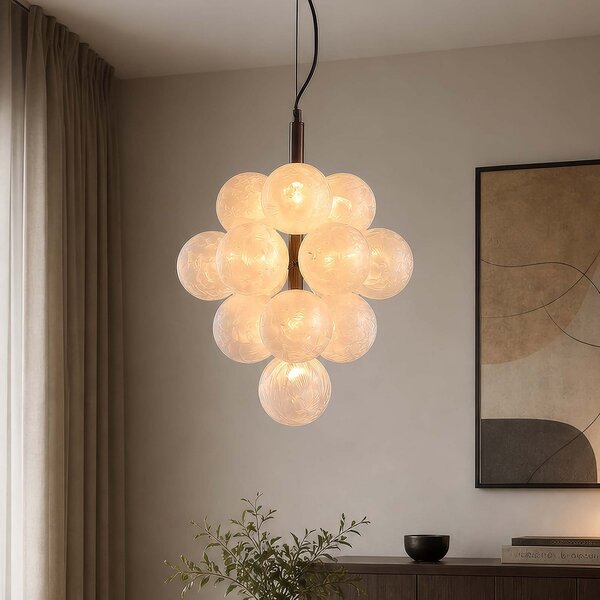 Searchlight Lampă suspendată Frosty, 13 becuri, rotundă, bronz, sticlă mată, G9, reglabil, Bronz / Alamă Veche, Camera de zi / sufragerie, Sticlă, glob