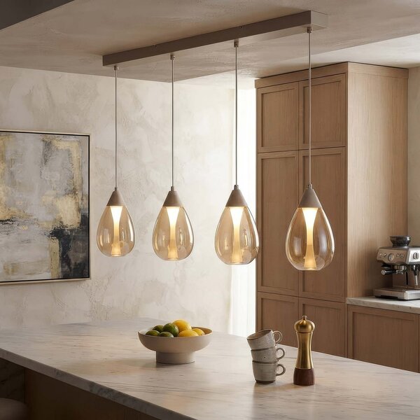 Searchlight Lampă suspendată LED Pear, 4 becuri, lungă, bej, sticlă chihlimbar, 3.000 K, reglabil, Bej, Camera de zi / sufragerie, Sticlă, Modern