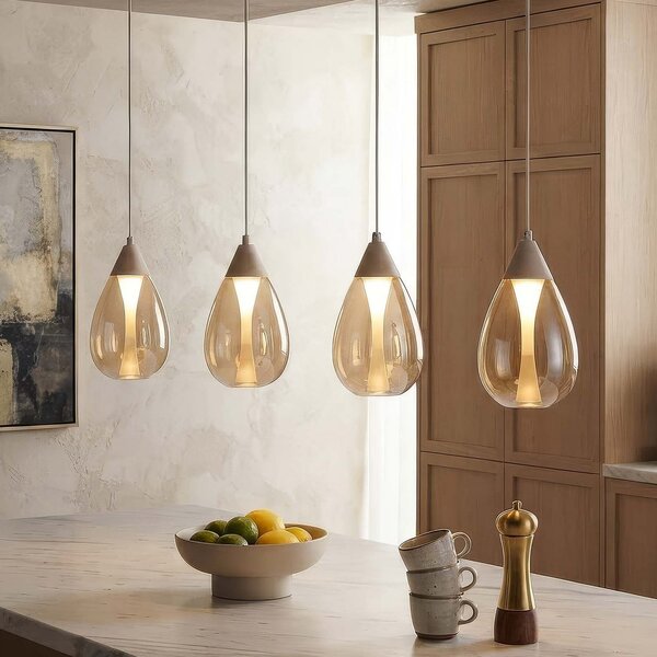 Searchlight Lampă suspendată LED Pear, 4 becuri, lungă, bej, sticlă chihlimbar, 3.000 K, reglabil, Bej, Camera de zi / sufragerie, Sticlă, Modern