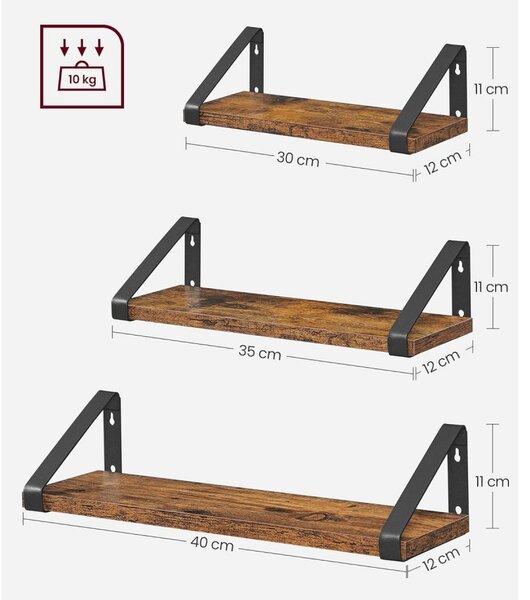 Set rafturi de perete din 3 piese, maro rustic 30/35/40cm