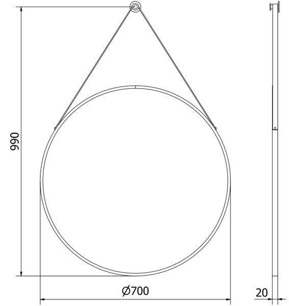 Mexen String, oglinda de baie rotunda pe banda 70 cm, culoare rama negru mat, 9854-070-070-000-70