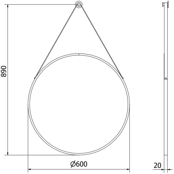 Mexen String, oglinda de baie rotunda pe banda 60 cm, culoare rama negru mat, 9854-060-060-000-70