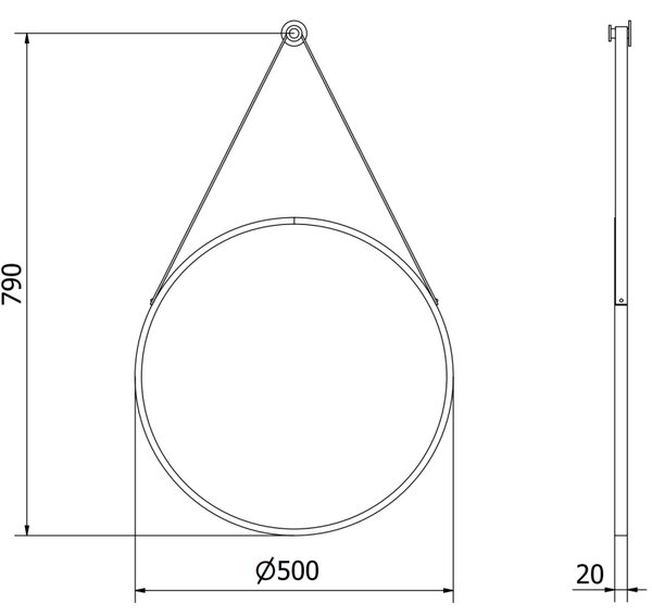 Mexen String, oglinda de baie rotunda pe banda 50 cm, culoare rama negru mat, 9854-050-050-000-70