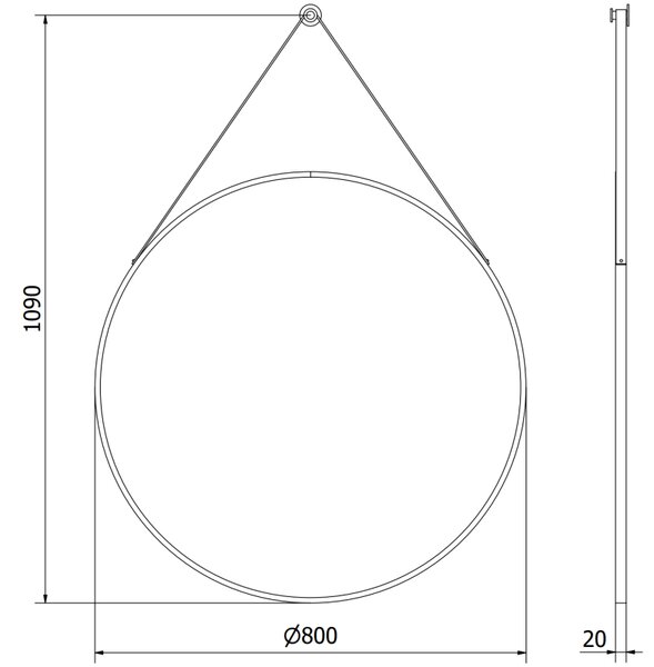 Mexen String, oglinda de baie rotunda pe banda 80 cm, culoare rama negru mat, 9854-080-080-000-70