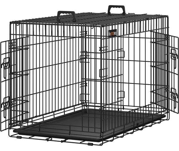Cușcă pentru câini, box pentru câini cu două uși L, negru 92x57x64cm