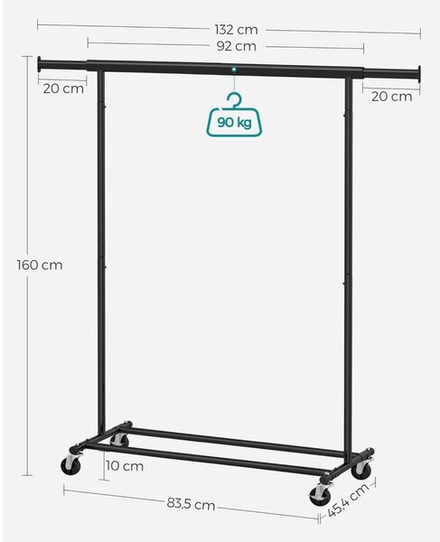 Suport pentru haine pe roți, negru 92-132x45x160cm