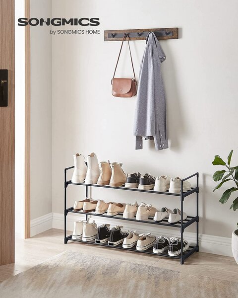 Suport pentru pantofi, 3 niveluri, pentru 12-15 perechi de pantofi, 30 x 92 x 54 cm, negru