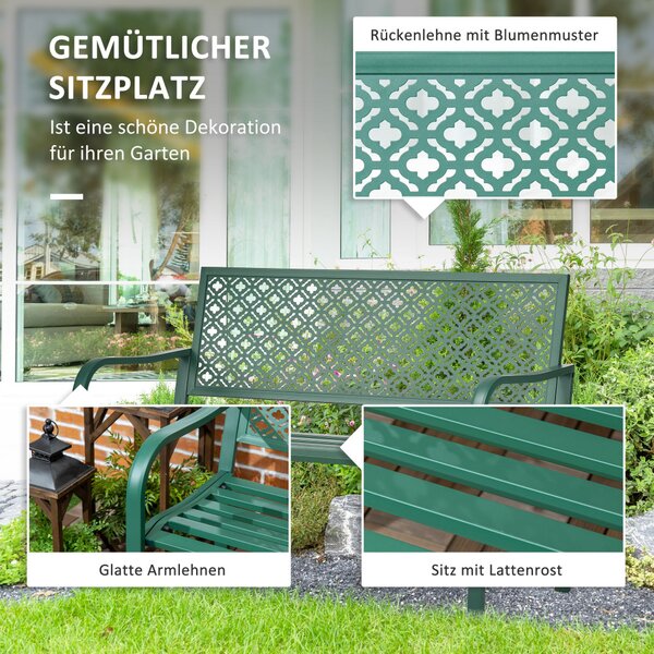Bancă de grădină pentru 2 persoane, cu spătar și cotiere din oțel, model floral, max 280 kg, verde închis, 127 x 63