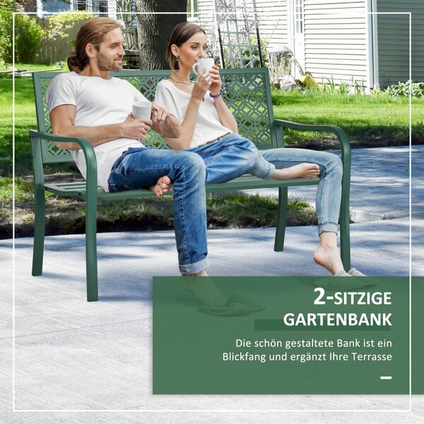 Bancă de grădină pentru 2 persoane, cu spătar și cotiere din oțel, model floral, max 280 kg, verde închis, 127 x 63