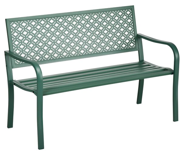 Bancă de grădină pentru 2 persoane, cu spătar și cotiere din oțel, model floral, max 280 kg, verde închis, 127 x 63