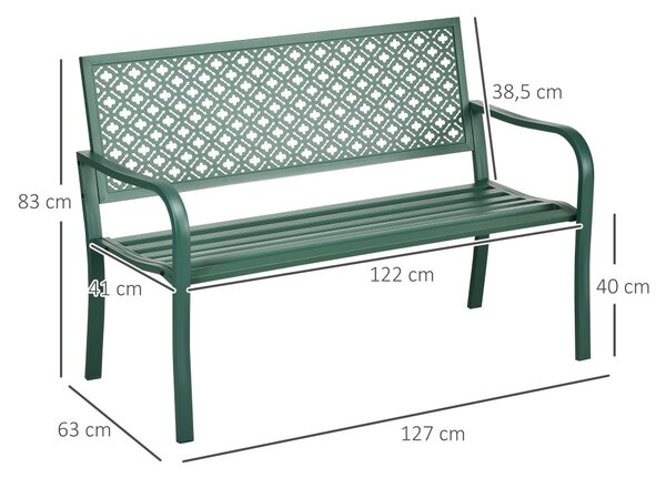 Bancă de grădină pentru 2 persoane, cu spătar și cotiere din oțel, model floral, max 280 kg, verde închis, 127 x 63