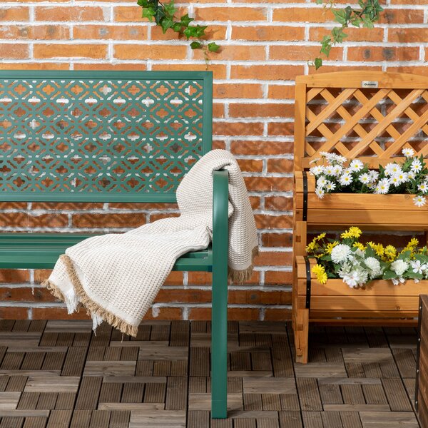Bancă de grădină pentru 2 persoane, cu spătar și cotiere din oțel, model floral, max 280 kg, verde închis, 127 x 63