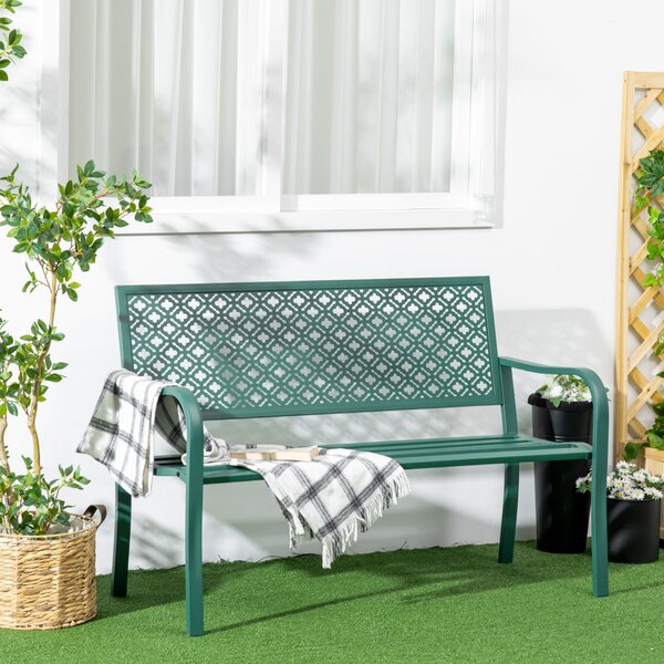 Bancă de grădină pentru 2 persoane, cu spătar și cotiere din oțel, model floral, max 280 kg, verde închis, 127 x 63