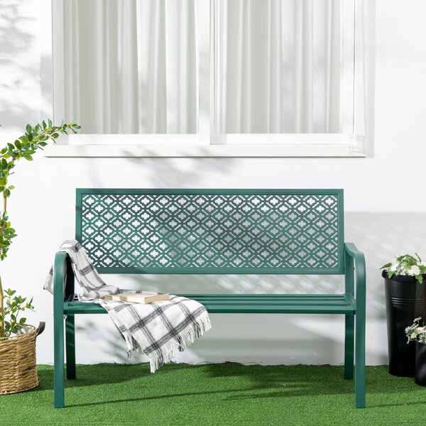 Bancă de grădină pentru 2 persoane, cu spătar și cotiere din oțel, model floral, max 280 kg, verde închis, 127 x 63